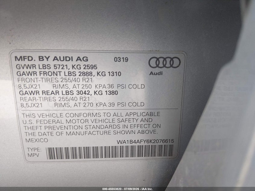 2019 Audi Sq5 VIN WA1B4AFY6K2076615 IAAI salvage auction — SIDE, Clear (Colorado), sold $2,650 on 2026-07-28 (photo 9)