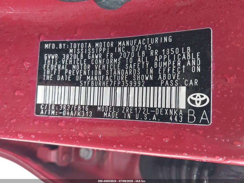 2015 Toyota Corolla VIN 5YFBURHE7FP359992 IAAI salvage auction — REAR END, Salvage Title, sold $3,475 on 2026-07-30 (photo 9)