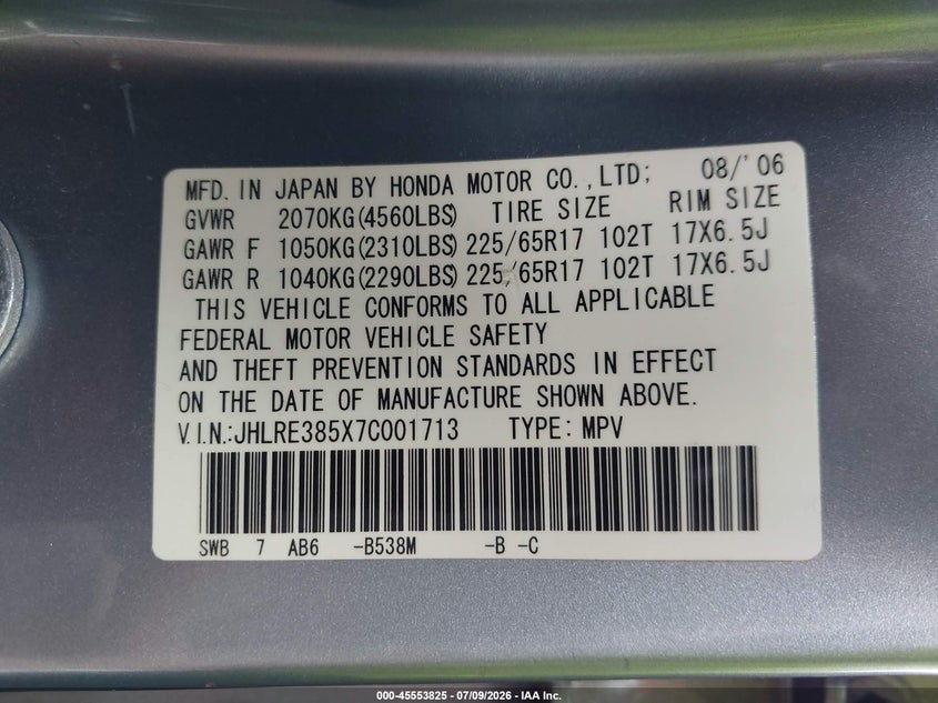 2007 Honda Cr-v VIN JHLRE385X7C001713 IAAI salvage auction — NORMAL WEAR, Clear (Virginia), sold $425 on 2026-07-28 (photo 9)