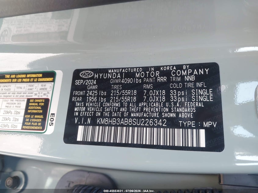 2025 Hyundai Kona VIN KM8HB3AB8SU226342 IAAI salvage auction — FRONT END, Salvage (California), sold $4,050 on 2026-07-30 (photo 9)