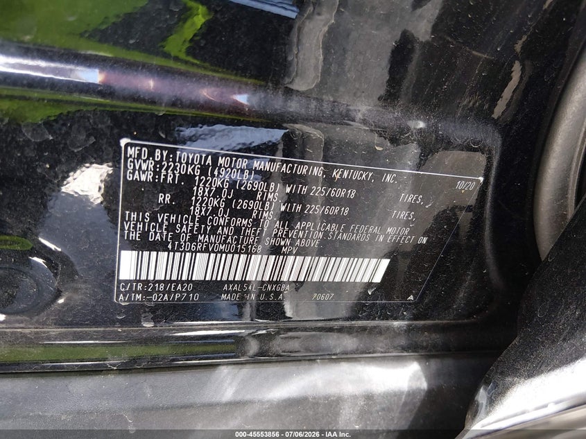 2021 Toyota Rav 4 VIN 4T3D6RFV0MU015168 IAAI salvage auction — REAR END, Salvage (California), sold $14,700 on 2026-07-29 (photo 9)