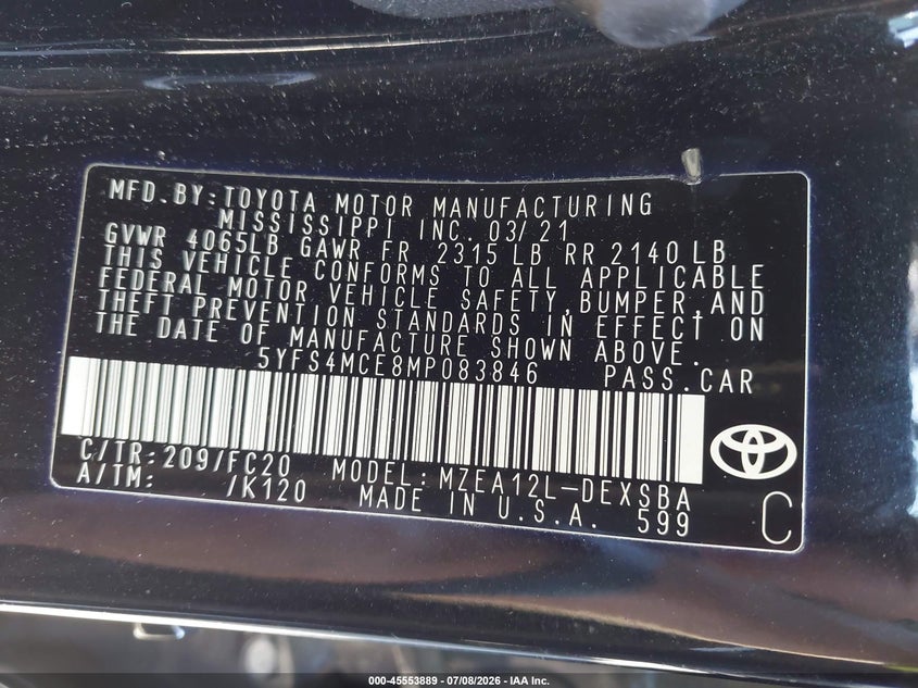2021 Toyota Corolla VIN 5YFS4MCE8MP083846 IAAI salvage auction — FRONT & REAR, Salvage Title, sold $25 on 2026-07-28 (photo 9)