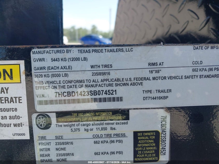 2025 Texas pride trailers Unknown VIN 7HCBD1423SB074521 IAAI salvage auction — FRONT END, Certificate Of Destruction (Florida), sold $800 on 2026-07-29 (photo 8)