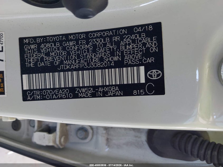 2018 Toyota Prius VIN JTDKARFP3J3082014 IAAI salvage auction — REAR END, Salvage Title, sold $6,800 on 2026-07-24 (photo 9)