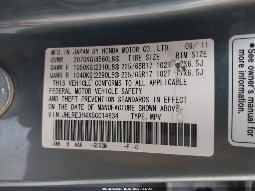 2011 Honda Cr-v VIN JHLRE3H4XBC014834 IAAI salvage auction — UNKNOWN, Salvage (Utah), sold $1,200 on 2026-07-29 (photo 9)