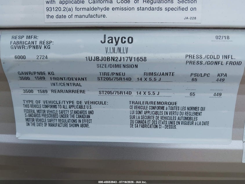 2018 Jayc Jay flight VIN 1UJBJ0BN2J17V1658 IAAI salvage auction — HAIL, Salvage (Kansas), sold $5,400 on 2026-09-04 (photo 9)