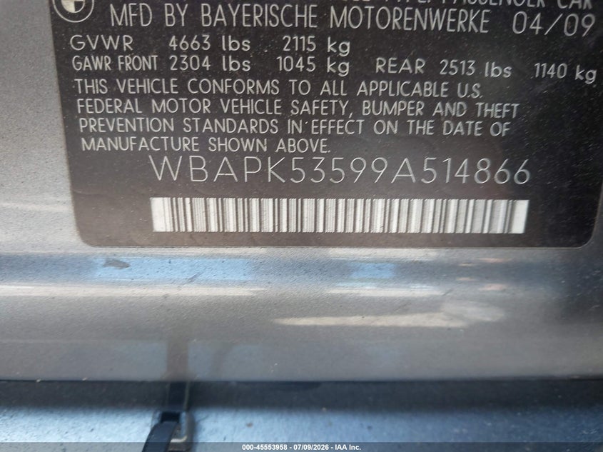 2009 BMW 3 series VIN WBAPK53599A514866 IAAI salvage auction — FRONT END, Clear (Massachusetts), sold $200 on 2026-08-04 (photo 8)