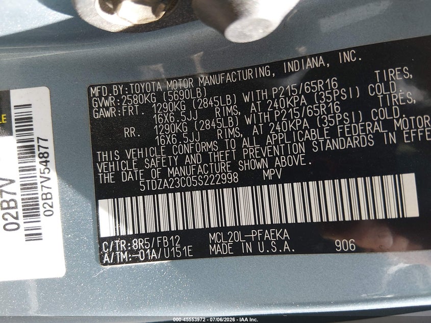 2005 Toyota Sienna VIN 5TDZA23C05S222998 IAAI salvage auction — LEFT REAR, Salvage (California), sold $1,050 on 2026-07-29 (photo 9)