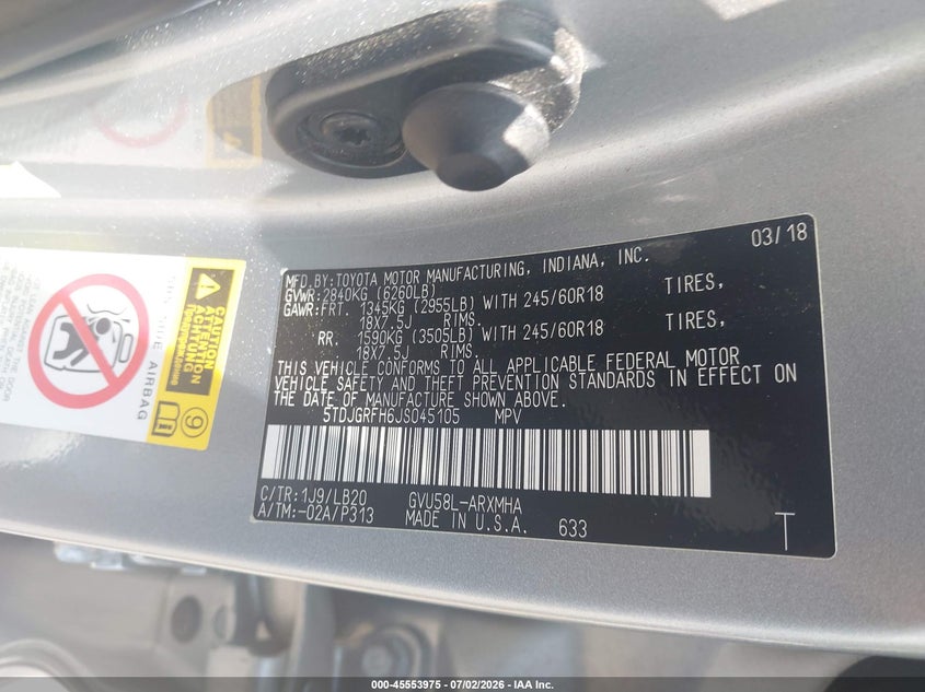 2018 Toyota Highlander VIN 5TDJGRFH6JS045105 IAAI salvage auction — NORMAL WEAR, Clear (New York), sold $3,150 on 2026-07-15 (photo 9)