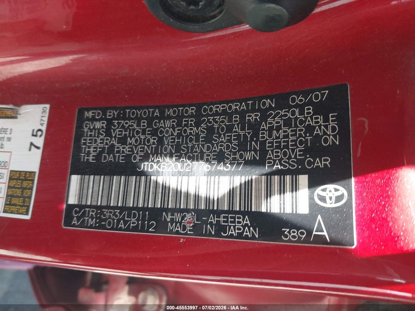 2007 Toyota Prius VIN JTDKB20U277674377 IAAI salvage auction — NORMAL WEAR, Clear-Dealer Only (Arizona), sold $400 on 2026-07-28 (photo 9)