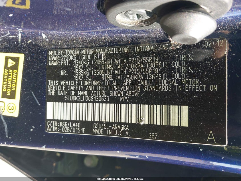 2012 Toyota Highlander VIN 5TDDK3EH0CS130633 IAAI salvage auction — NORMAL WEAR, Clear - Dealer Only (California), sold $3,000 on 2026-07-09 (photo 9)