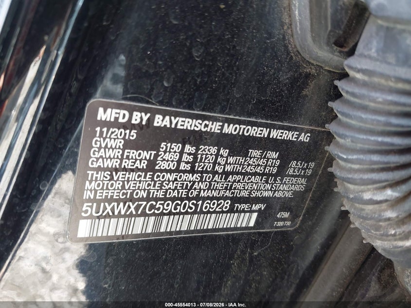 2016 BMW X3 VIN 5UXWX7C59G0S16928 IAAI salvage auction — RIGHT SIDE, Mv-907A (New York), sold $1,050 on 2026-07-28 (photo 9)