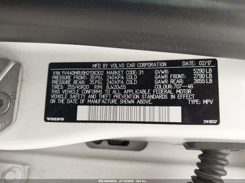 2017 Volvo Xc60 VIN YV440MRU9H2136302 IAAI salvage auction — REAR END, Salvage (Massachusetts), sold $2,700 on 2026-08-18 (photo 9)
