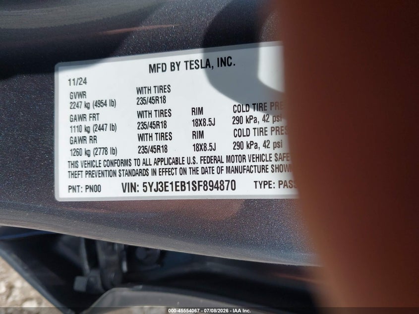 2025 Tesla Model 3 VIN 5YJ3E1EB1SF894870 IAAI salvage auction — RIGHT REAR, Wait Title, sold $11,250 on 2026-09-05 (photo 9)