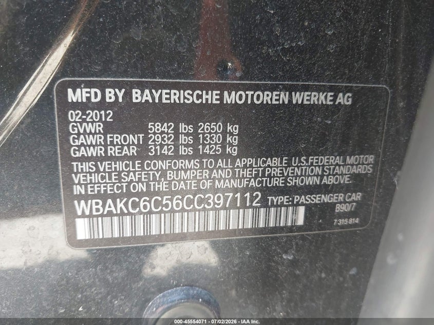 2012 BMW 7er VIN WBAKC6C56CC397112 IAAI salvage auction — ENGINE BURN, Clear (Virginia), sold $375 on 2026-07-28 (photo 9)