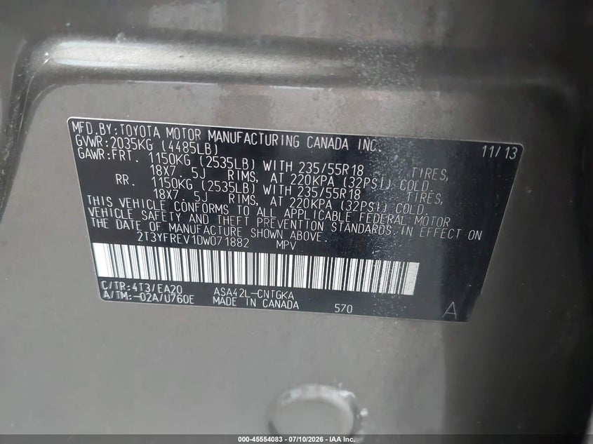 2013 Toyota Rav 4 VIN 2T3YFREV1DW071882 IAAI salvage auction — REAR END, Salvage Title, sold $4,750 on 2026-08-06 (photo 9)