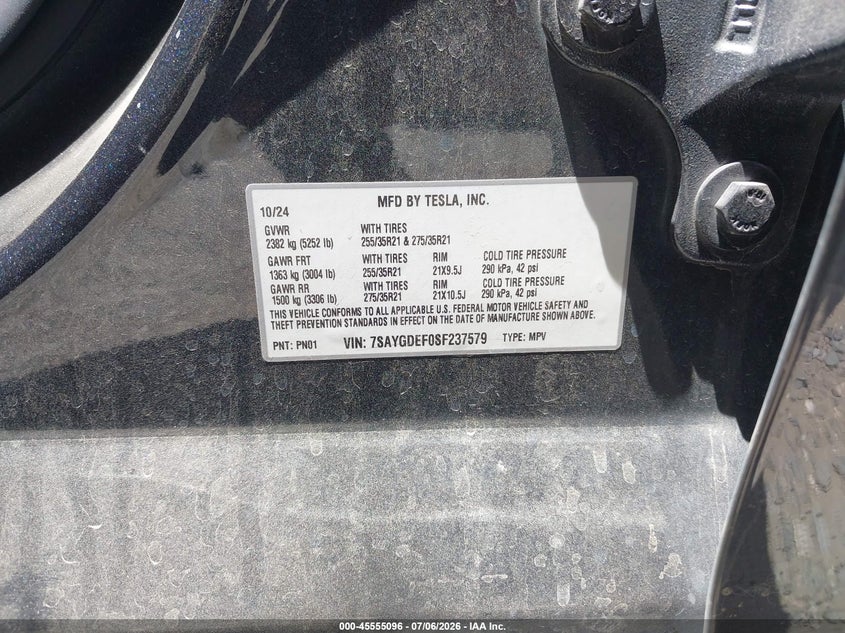 2025 Tesla Model y VIN 7SAYGDEF0SF237579 IAAI salvage auction — FRONT END, Wait Title, sold $8,100 on 2026-08-29 (photo 9)