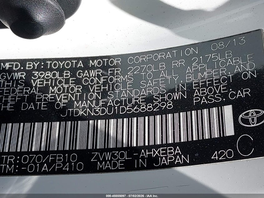 2013 Toyota Prius VIN JTDKN3DU1D5688298 IAAI salvage auction — NORMAL WEAR, Clear - Dealer Only (California), sold $3,550 on 2026-07-29 (photo 9)