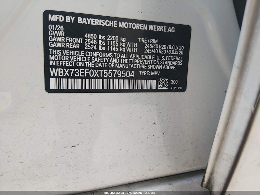 2026 BMW X1 VIN WBX73EF0XT5579504 IAAI salvage auction — FRONT END, Salvage Title, sold $18,400 on 2026-08-01 (photo 9)