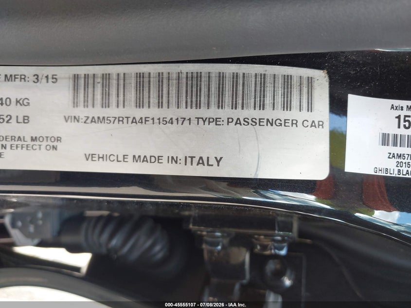 2015 Maserati Ghibli VIN ZAM57RTA4F1154171 IAAI salvage auction — WATER/FLOOD, Salvage (New Jersey), sold $2,275 on 2026-08-27 (photo 9)