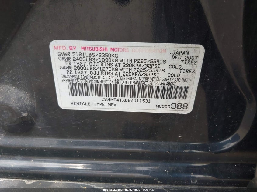 2008 Mitsubishi Outlander VIN JA4MT41X08Z011531 IAAI salvage auction — FRONT END, Clear (Indiana), sold $450 on 2026-08-20 (photo 9)