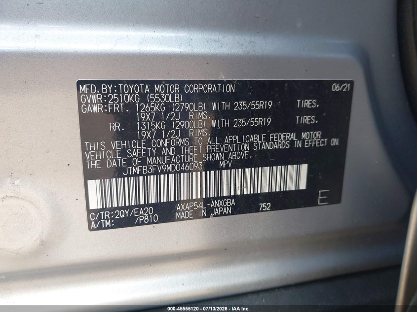 2021 Toyota Rav 4 VIN JTMFB3FV9MD046093 IAAI salvage auction — FRONT END, Salvage (Pennsylvania), sold $16,000 on 2026-07-28 (photo 9)