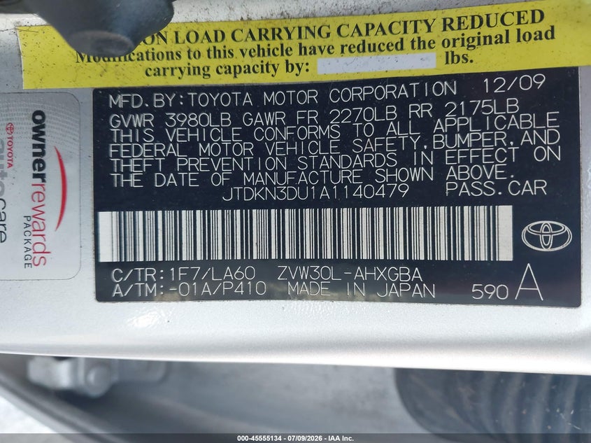 2010 Toyota Prius VIN JTDKN3DU1A1140479 IAAI salvage auction — NORMAL WEAR, Original (Texas), sold $25 on 2026-07-28 (photo 9)