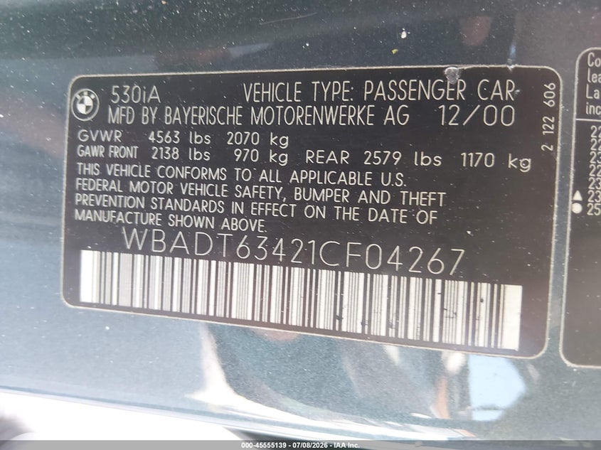 2001 BMW 5 series VIN WBADT63421CF04267 IAAI salvage auction — NORMAL WEAR, Repossession Paperwork (South Carolina), sold $650 on 2026-08-19 (photo 9)