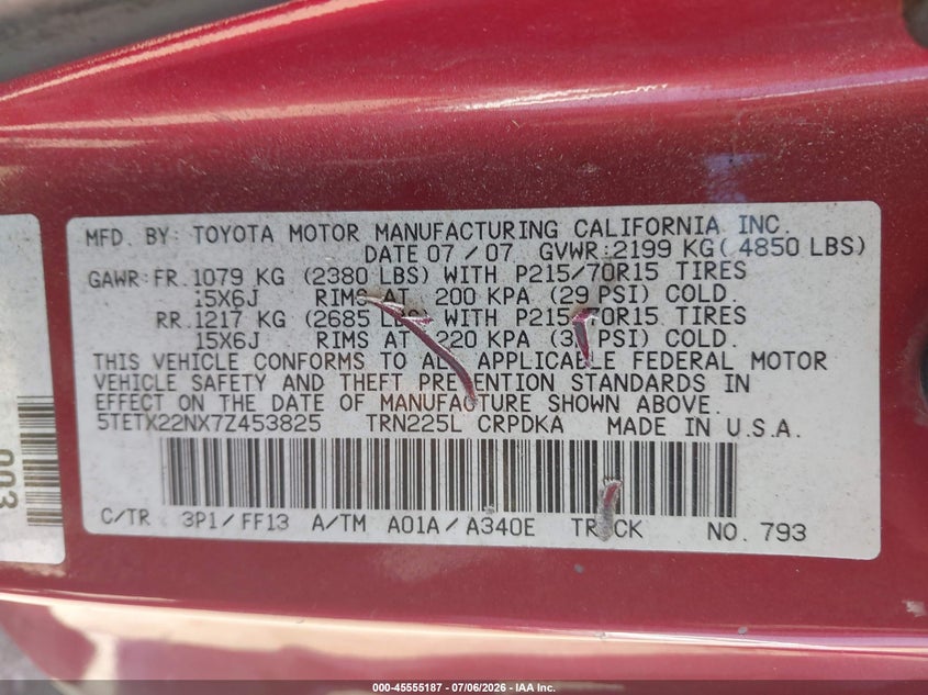 2007 Toyota Tacoma VIN 5TETX22NX7Z453825 IAAI salvage auction — REAR END, Salvage (California), sold $3,625 on 2026-07-28 (photo 9)