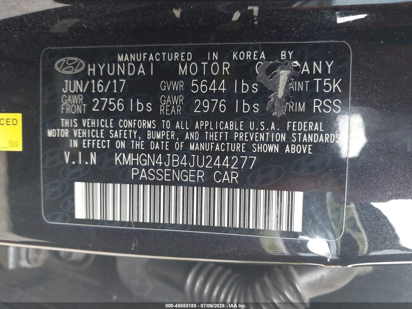 2018 Genesis G80 VIN KMHGN4JB4JU244277 IAAI salvage auction — NORMAL WEAR, Clear (Maryland), sold $3,600 on 2026-07-28 (photo 9)