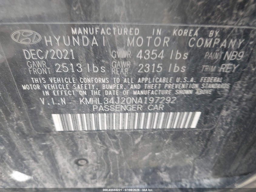 2022 Hyundai Sonata VIN KMHL34J20NA197292 IAAI salvage auction — Burn Interior, Salvage (Indiana), sold $3,150 on 2026-07-25 (photo 9)