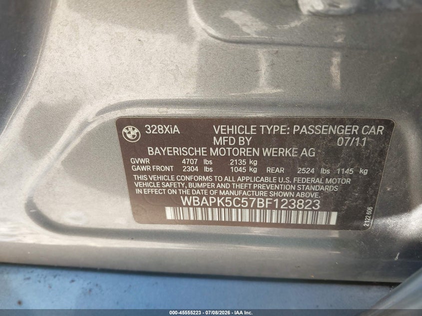 2011 BMW 3 series VIN WBAPK5C57BF123823 IAAI salvage auction — NORMAL WEAR, Clear (Texas), sold $900 on 2026-07-28 (photo 9)