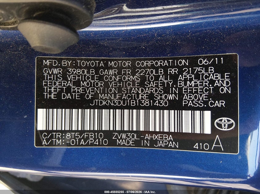 2011 Toyota Prius VIN JTDKN3DU1B1381430 IAAI salvage auction — NORMAL WEAR, Clear (Washington), sold $3,375 on 2026-07-15 (photo 9)