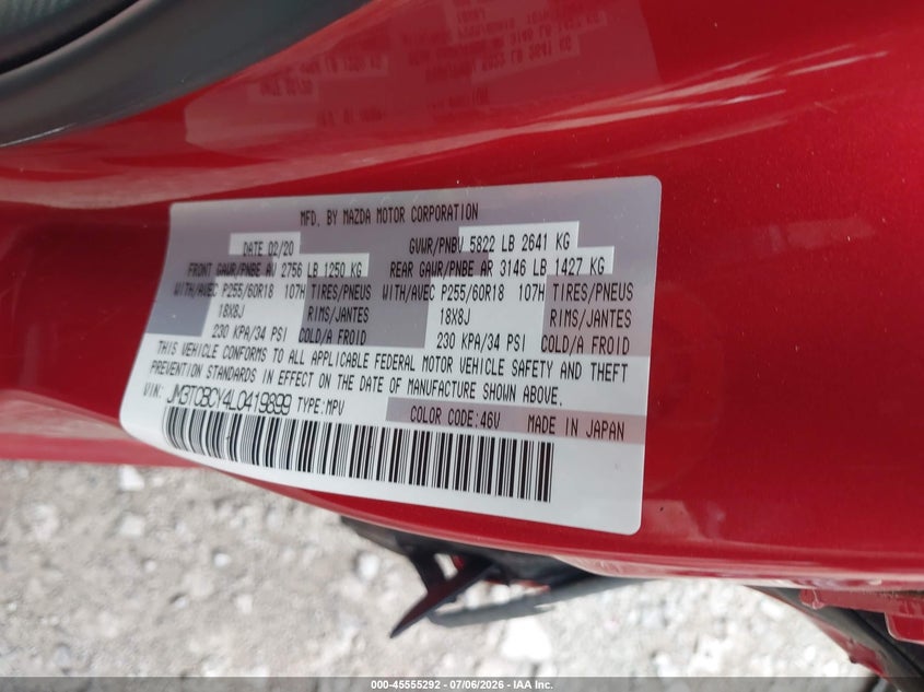 2020 Mazda Cx-9 VIN JM3TCBCY4L0419899 IAAI salvage auction — LEFT SIDE, Salvage Title, sold $5,350 on 2026-08-27 (photo 9)