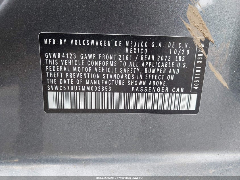2021 Volkswagen Jetta VIN 3VWC57BU7MM002853 IAAI salvage auction — LEFT SIDE, Salvage (Ohio), sold $4,275 on 2026-08-01 (photo 9)