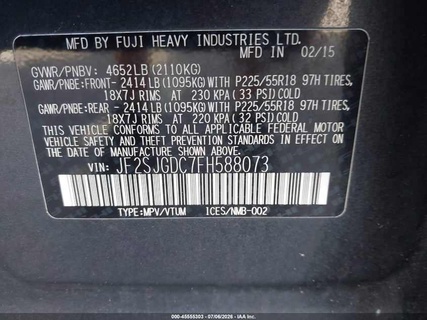 2015 Subaru Forester VIN JF2SJGDC7FH588073 IAAI salvage auction — NORMAL WEAR, Clear (Florida), sold $625 on 2026-07-29 (photo 9)