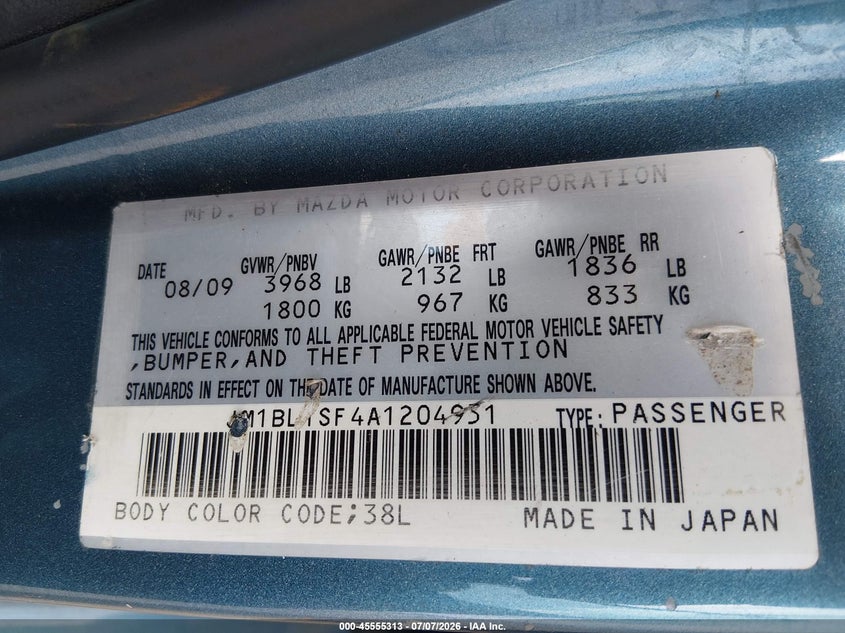 2010 Mazda 3 VIN JM1BL1SF4A1204951 IAAI salvage auction — FRONT & REAR, Salvage (Ohio), sold $25 on 2026-07-28 (photo 9)