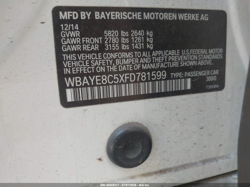 2015 BMW 7er VIN WBAYE8C5XFD781599 IAAI salvage auction — UNKNOWN, Clear (Arizona), sold $1,825 on 2026-07-28 (photo 9)