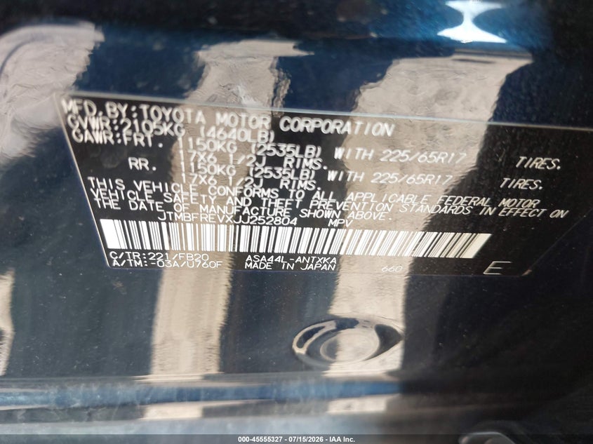 2018 Toyota Rav 4 VIN JTMBFREVXJJ252804 IAAI salvage auction — RIGHT SIDE, Salvage - 75% Or Less (Maryland), sold $5,600 on 2026-07-29 (photo 9)