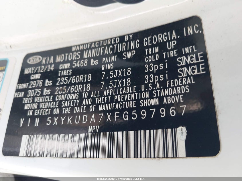 2015 Kia Sorento VIN 5XYKUDA7XFG597967 IAAI salvage auction — NORMAL WEAR, Clear (North Carolina), sold $1,750 on 2026-07-09 (photo 9)