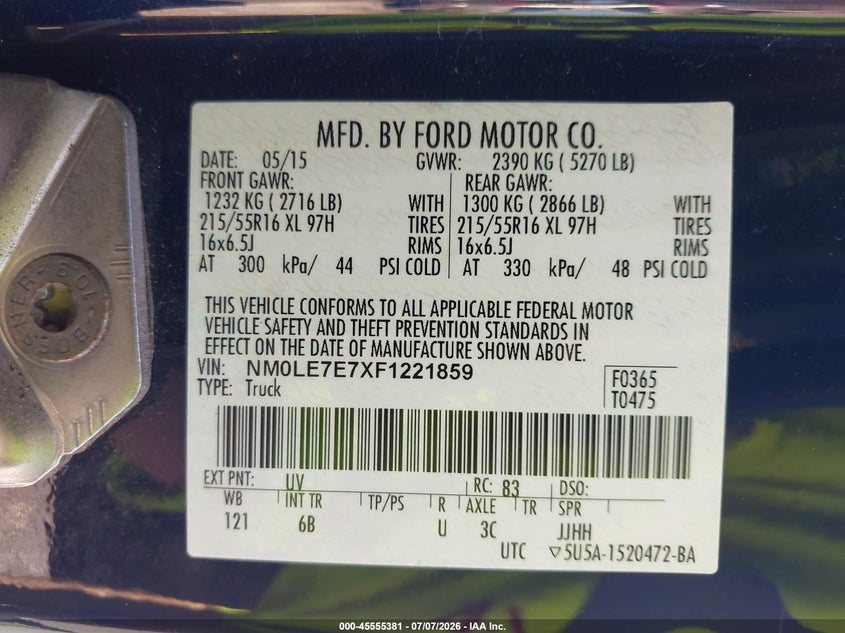 2015 Ford Transit connect VIN NM0LE7E7XF1221859 IAAI salvage auction — NORMAL WEAR, Sf97 (Washington), sold $75 on 2026-07-29 (photo 9)