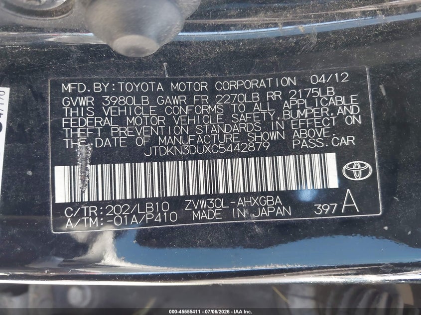 2012 Toyota Prius VIN JTDKN3DUXC5442879 IAAI salvage auction — NORMAL WEAR, Clear (Washington), sold $1,150 on 2026-07-29 (photo 9)