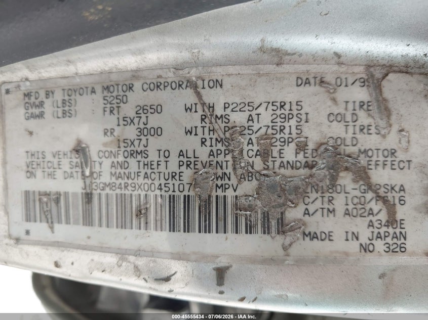 1999 Toyota 4runner VIN JT3GM84R9X0045107 IAAI salvage auction — REAR END, Rebuildable (Florida), sold $950 on 2026-07-30 (photo 9)