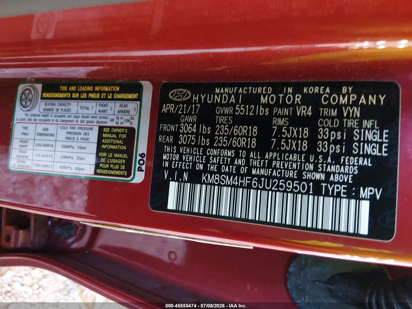 2018 Hyundai Santa fe VIN KM8SM4HF6JU259501 IAAI salvage auction — REAR END, Rebuildable (Florida), sold $2,850 on 2026-08-01 (photo 9)
