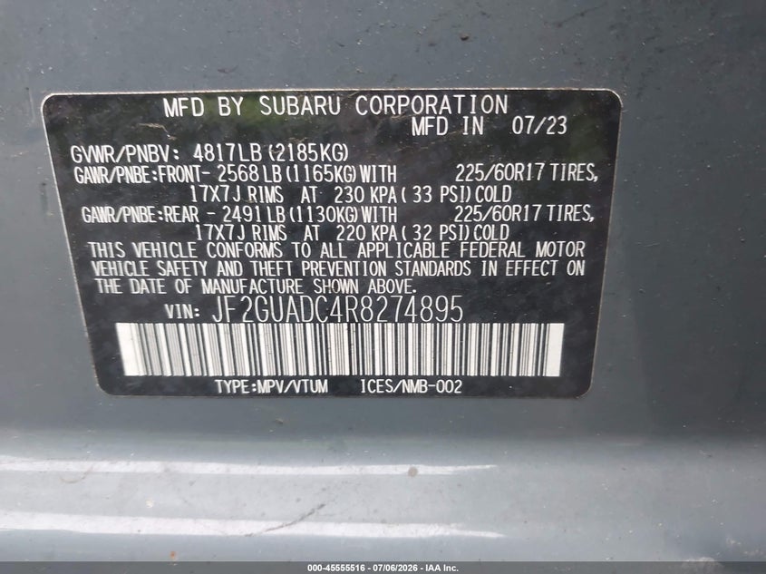 2024 Subaru Xv VIN JF2GUADC4R8274895 IAAI salvage auction — SIDE, Salvage Title, sold $8,900 on 2026-08-02 (photo 9)