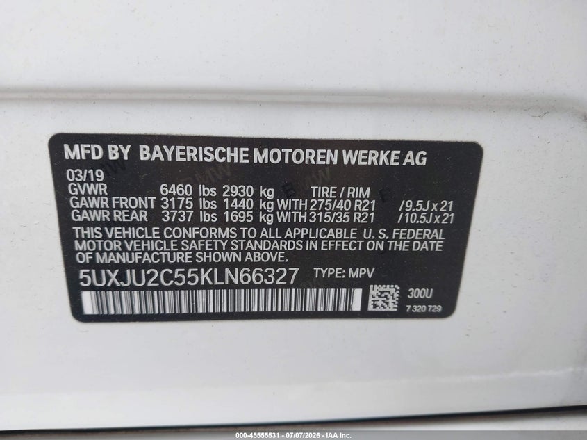 2019 BMW X5 VIN 5UXJU2C55KLN66327 IAAI salvage auction — LEFT FRONT, Salvage (Pennsylvania), sold $18,900 on 2026-07-31 (photo 9)