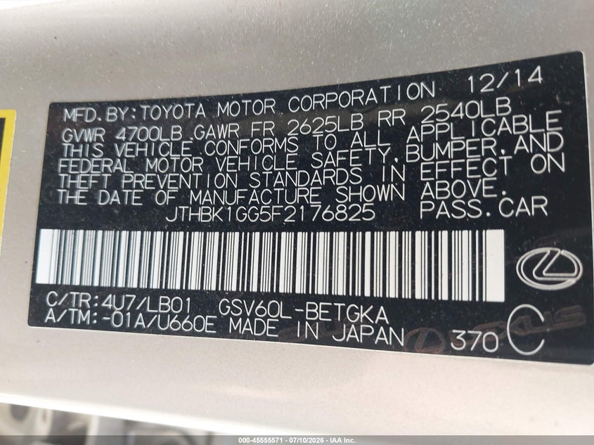 2015 Lexus ES VIN JTHBK1GG5F2176825 IAAI salvage auction — SIDE, Salvage Title, sold $4,550 on 2026-07-28 (photo 9)