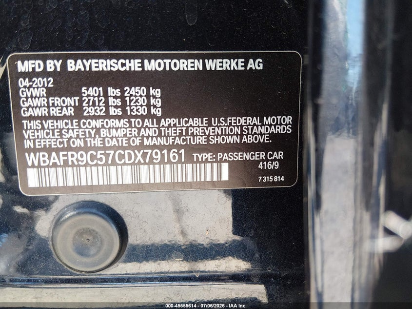 2012 BMW 5er VIN WBAFR9C57CDX79161 IAAI salvage auction — FRONT END, Salvage (California), sold $1,700 on 2026-07-22 (photo 9)