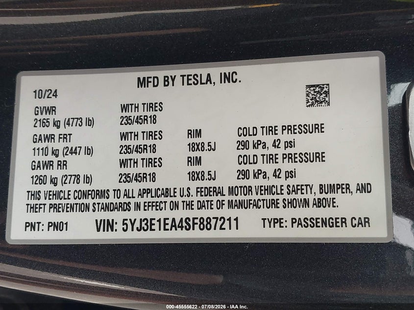 2025 Tesla Model 3 VIN 5YJ3E1EA4SF887211 IAAI salvage auction — REAR END, Bill Of Sale (Washington), sold $14,300 on 2026-07-23 (photo 9)