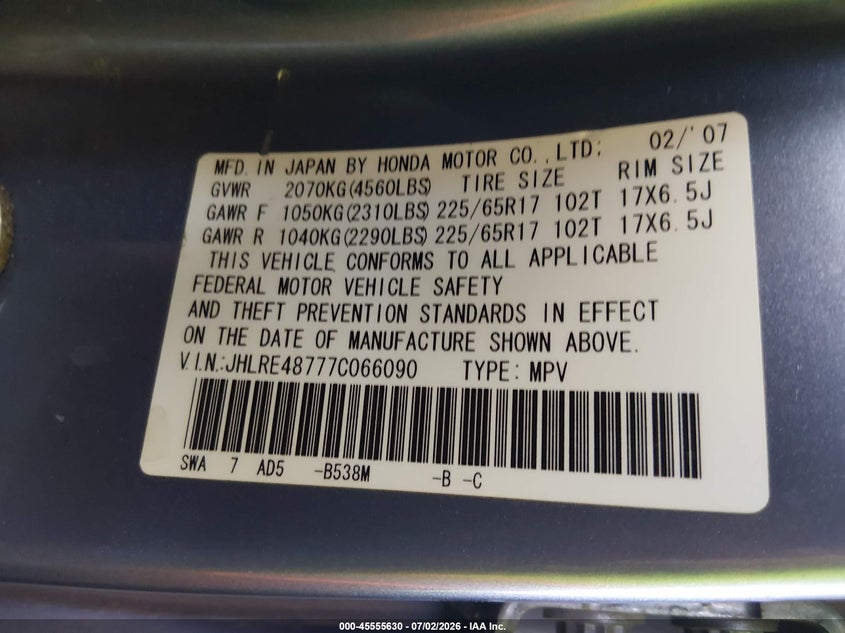 2007 Honda Cr-v VIN JHLRE48777C066090 IAAI salvage auction — NORMAL WEAR, Clear-Dealer Only (Arizona), sold $700 on 2026-07-28 (photo 9)